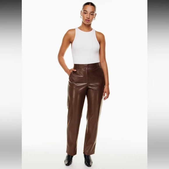 Aritzia Babaton Faux Leather High Waist Command Trousers Coffee Brown Size 10 - Picture 1 of 11